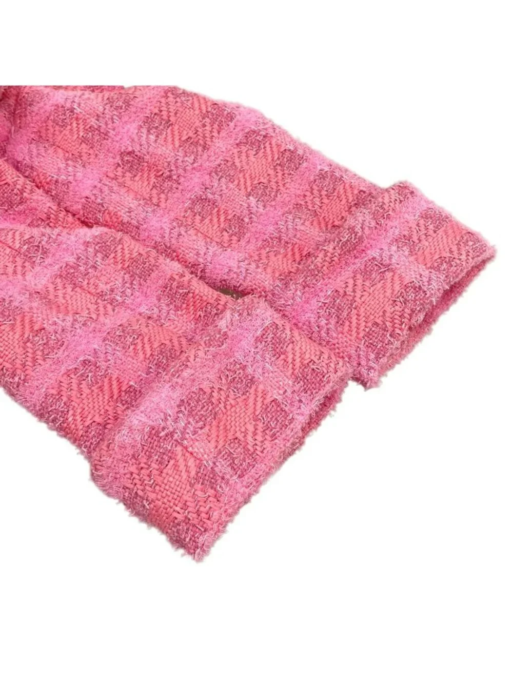 Chanel Coat 34 S Pink Tweed Plaid Rhinestone CC Logo Button Fall Winter Cotton